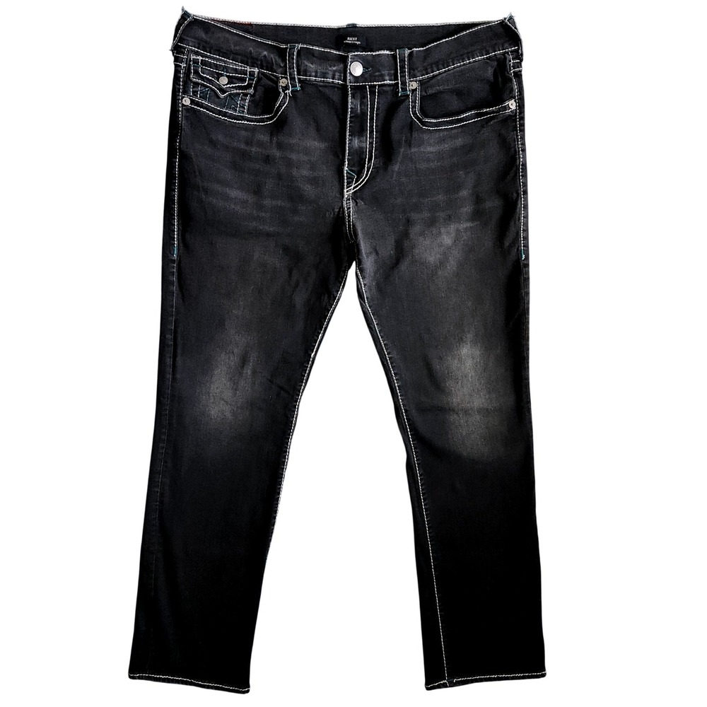 True Religion Ricky Big T Jeans Mens 40 Relaxed Straight Black Turquoise Stitch